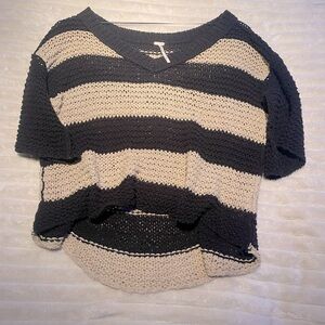 Free People beige and black striped v neck off the shoulder sweater